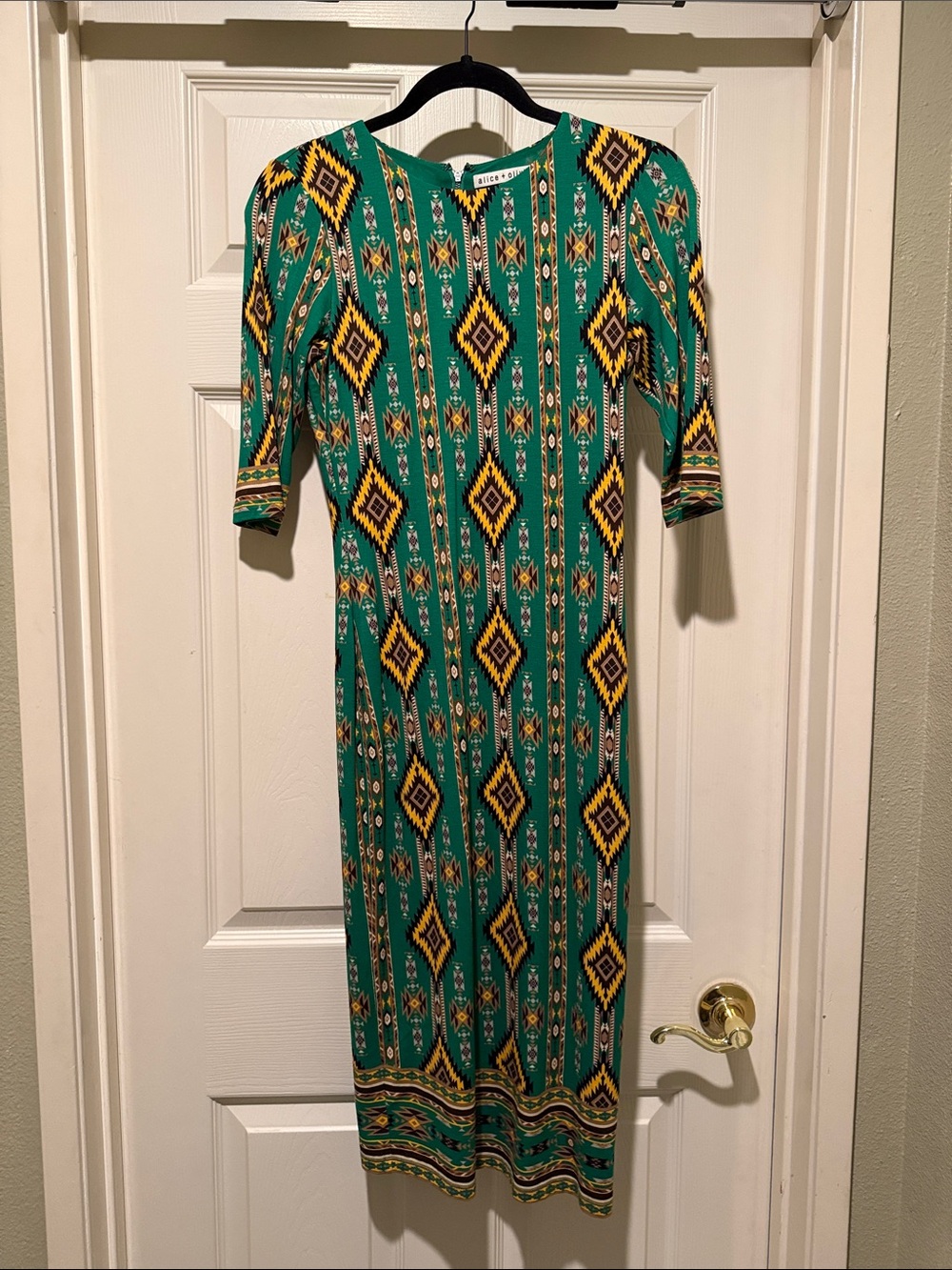 Alice + Olivia Green Maxi Dress with Yellow and Black Geometric Print